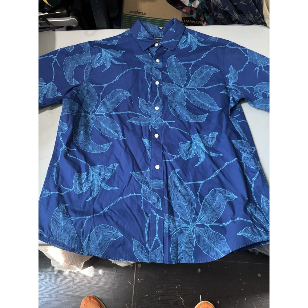 Claiborne Rayon Modal Palm Print Hawaiian Short Sleeve Shirt Size L Vintage Blue